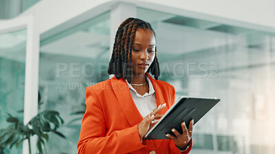 Buy stock photo Research, browsing and woman with tablet, office and checking for performance of ad, online or digital. Scroll, marketing manager and black person with tech for info, planning and campaign on website