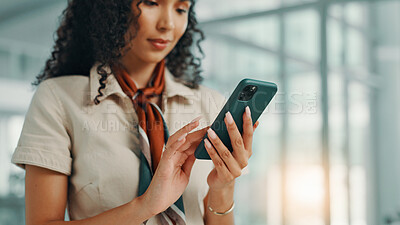 Buy stock photo Phone, hands and scroll with business woman in office for networking, feedback and virtual advisor. Email newsletter, communication and schedule with female person in agency for contact and chat