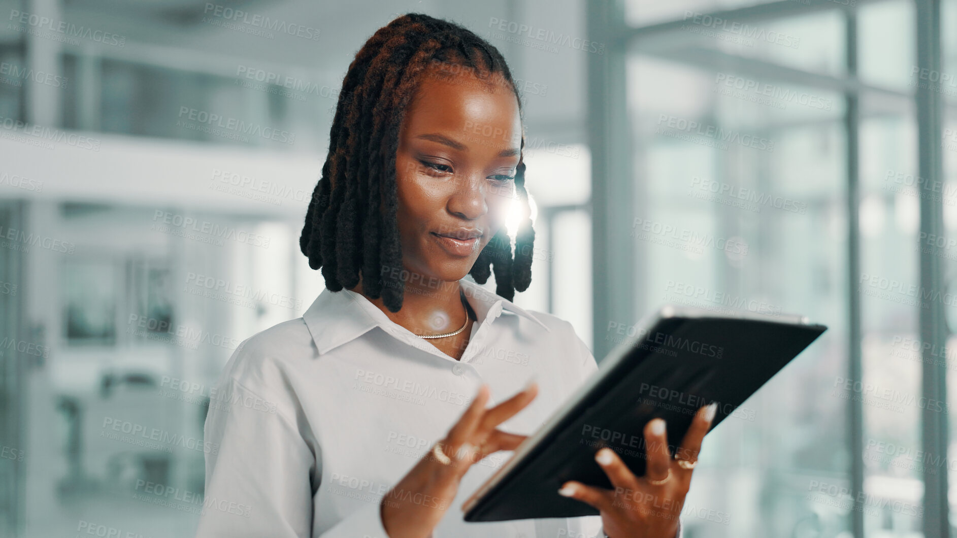 Buy stock photo Online, black woman and tablet in office for business, scroll email and reading news on economy. Digital technology, internet and financial advisor on app for investment review, profit and schedule