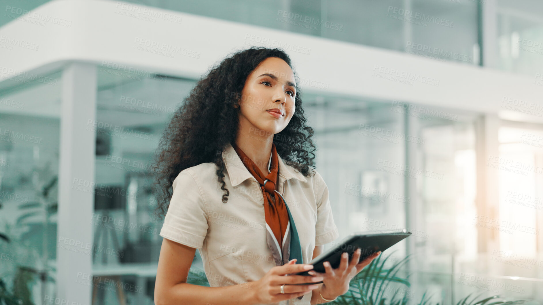 Buy stock photo Research, smile and woman with tablet, office and planning for performance of ad, online or digital. Browsing, marketing manager and person with tech for information, thinking and campaign on website