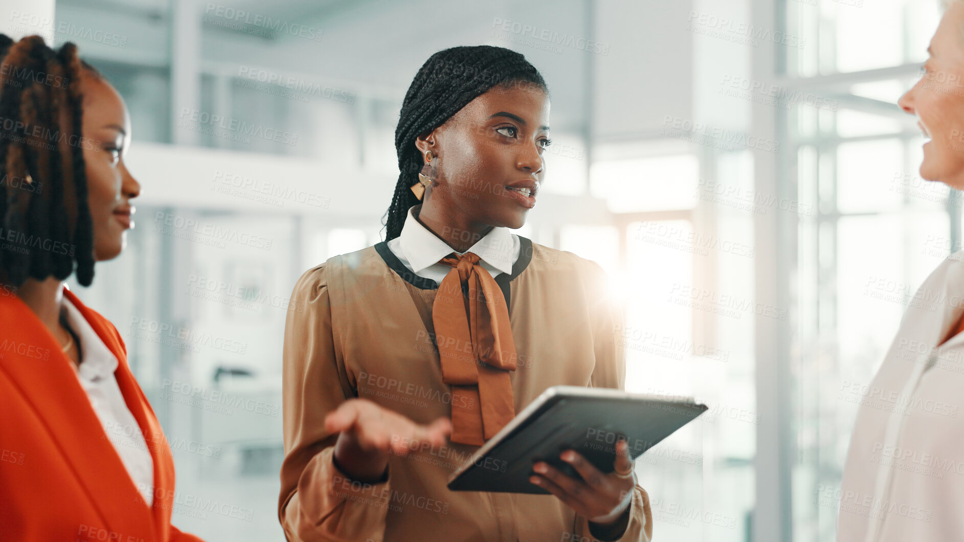 Buy stock photo Agenda, meeting and tablet with business women in lobby of office for planning or strategy. Collaboration, feedback and schedule with employee team in workplace for project management or review