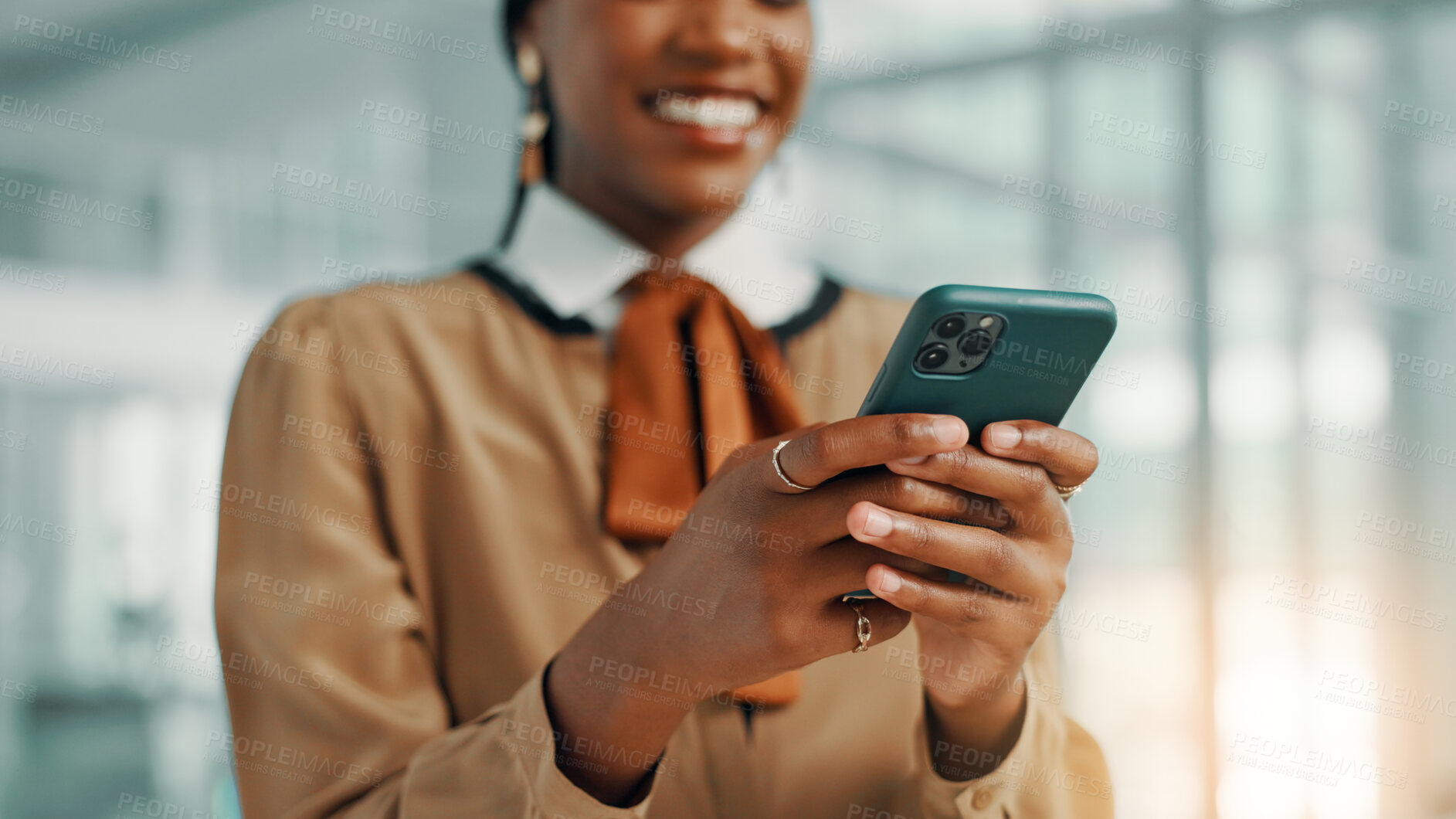 Buy stock photo Phone, hands and typing with business black woman in office for networking, feedback and virtual advisor. Email newsletter, communication and schedule with closeup of person for contact and chat