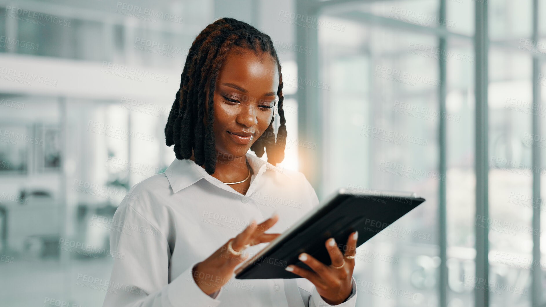 Buy stock photo Internet, black woman and tablet in office for business, scroll email and reading news on economy. Digital technology, online and financial advisor on app for investment review, profit and schedule