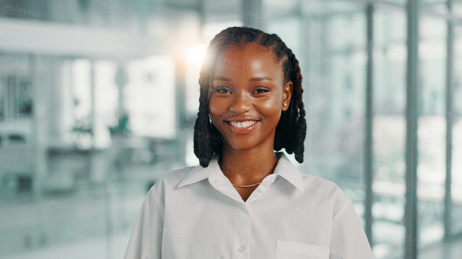 Buy stock photo Happy, confident and portrait of black woman in office with journalism career with growth. Smile, professional and African female copywriter with pride for job development at magazine agency.