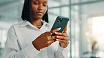 Phone, hands and texting with business black woman in office for networking, feedback and virtual advisor. Email newsletter, communication and schedule with closeup of person for contact and chat
