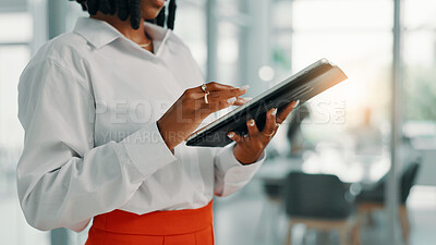 Buy stock photo Hands, woman and tablet in office for business, scroll email and website for wealth management. Digital technology, internet and financial advisor on app for investment review, profit and schedule