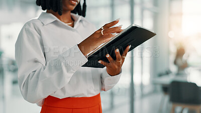 Buy stock photo Hands, online and woman on tablet for business, scroll email and website for wealth management in office. Technology, internet and financial advisor on app for investment review, profit or schedule