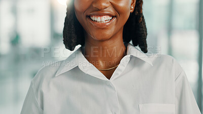 Buy stock photo Business, smile and teeth of black woman closeup in office for career development, inspiration or opportunity. Corporate, internship and mouth of happy employee in professional workplace to start job