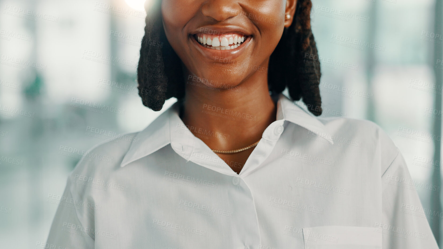 Buy stock photo Business, smile and teeth of black woman closeup in office for career development, inspiration or opportunity. Corporate, internship and mouth of happy employee in professional workplace to start job