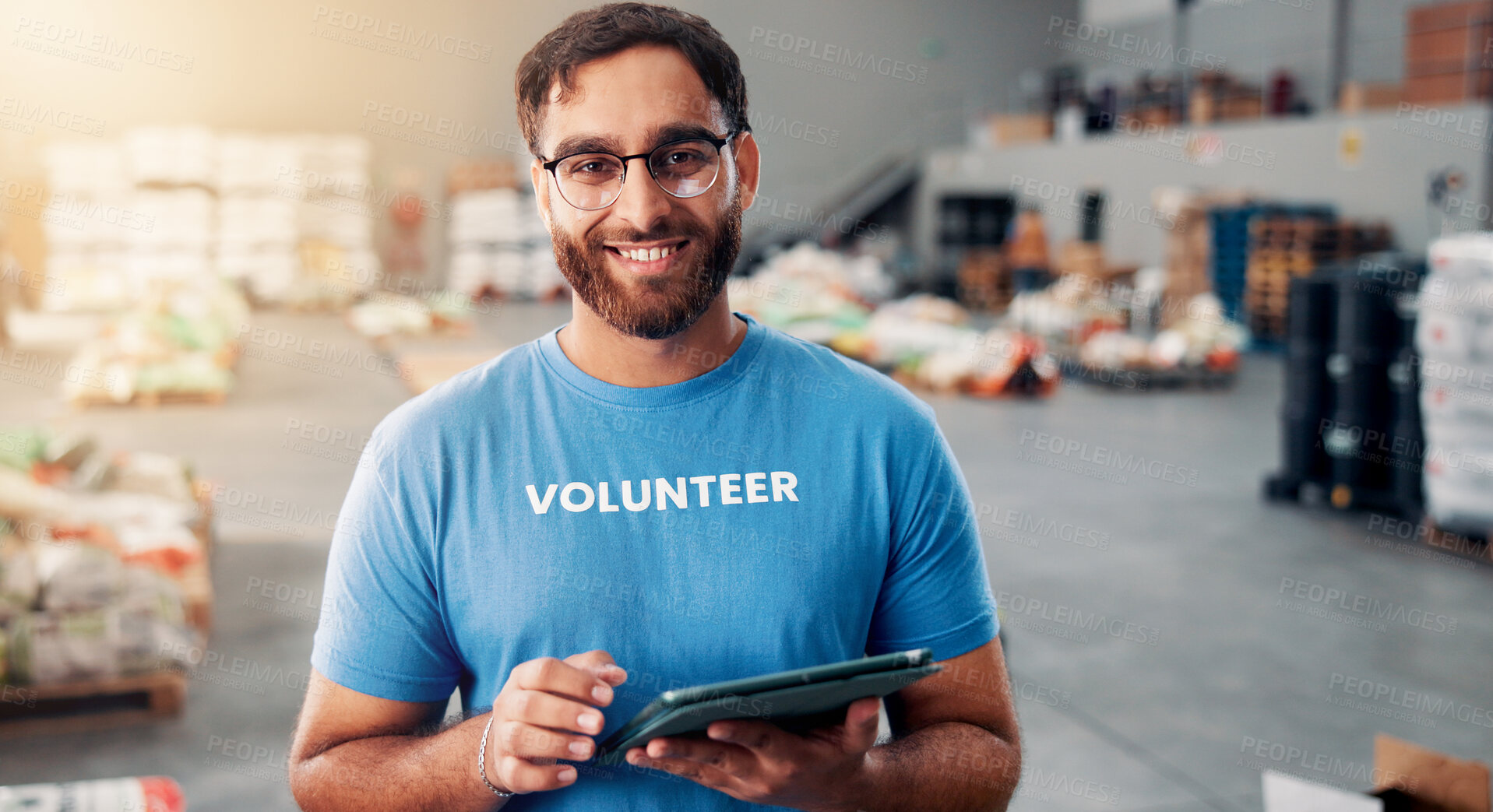 Buy stock photo Portrait, man and volunteer on tablet with donation, food stock and inventory management for charity. Person, digital and checklist with groceries, supply chain and community distribution for welfare