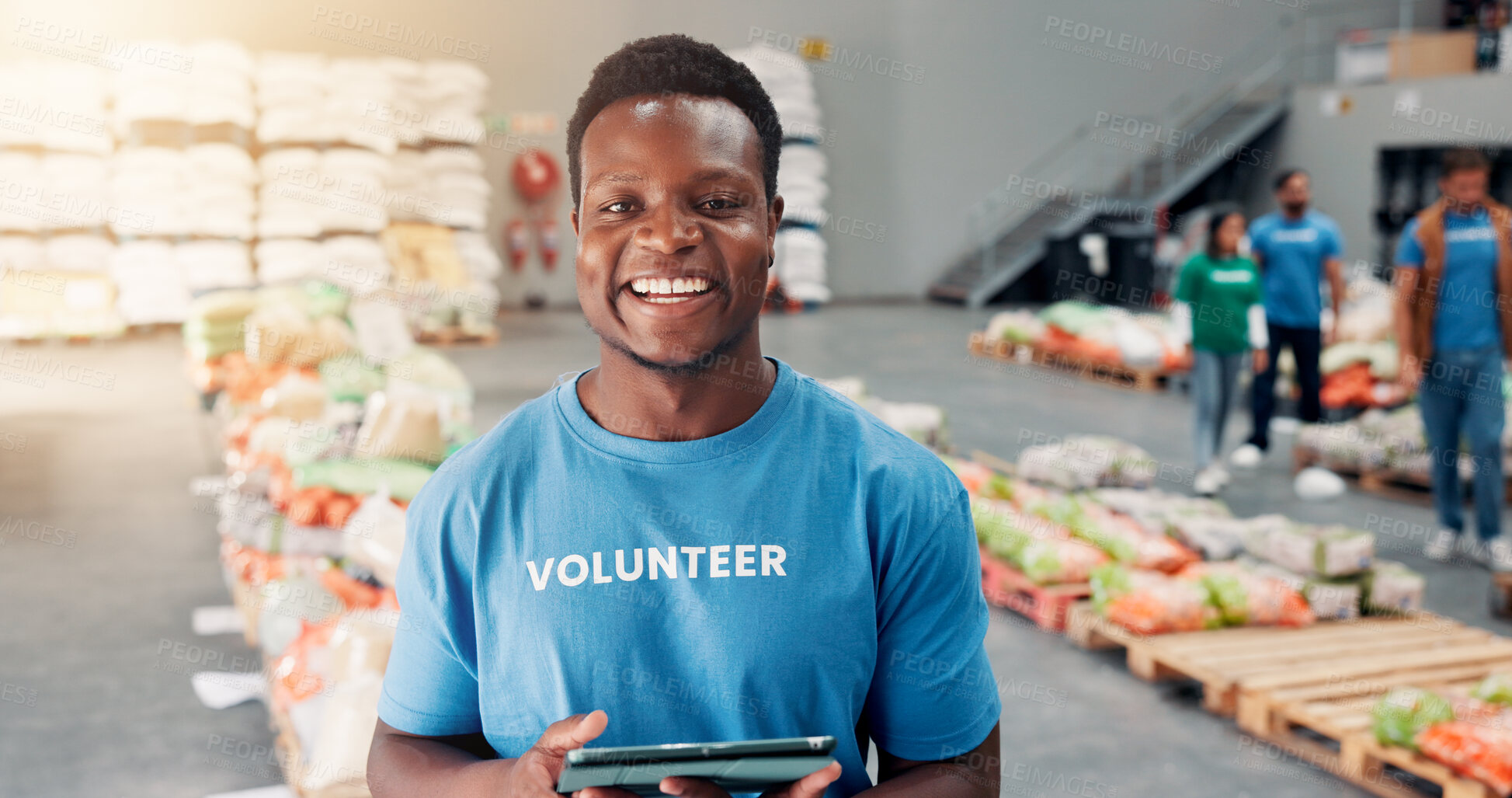 Buy stock photo Volunteer, donation and tablet with portrait of man in warehouse for non profit, inventory checklist or helping. Charity, social responsibility and food bank program with person for ngo plan