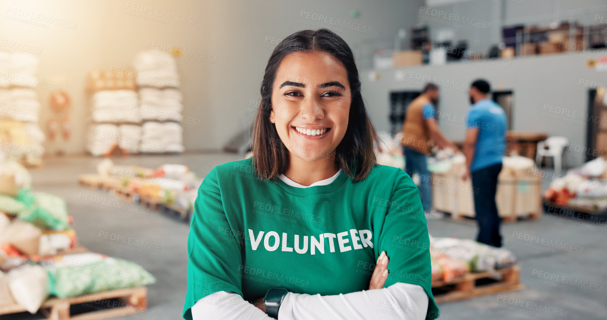 Buy stock photo Crossed arms, woman and portrait of volunteer at food drive for charity, donation or non profit event. Confident, activism and female NGO worker at community center for help in society at workshop.