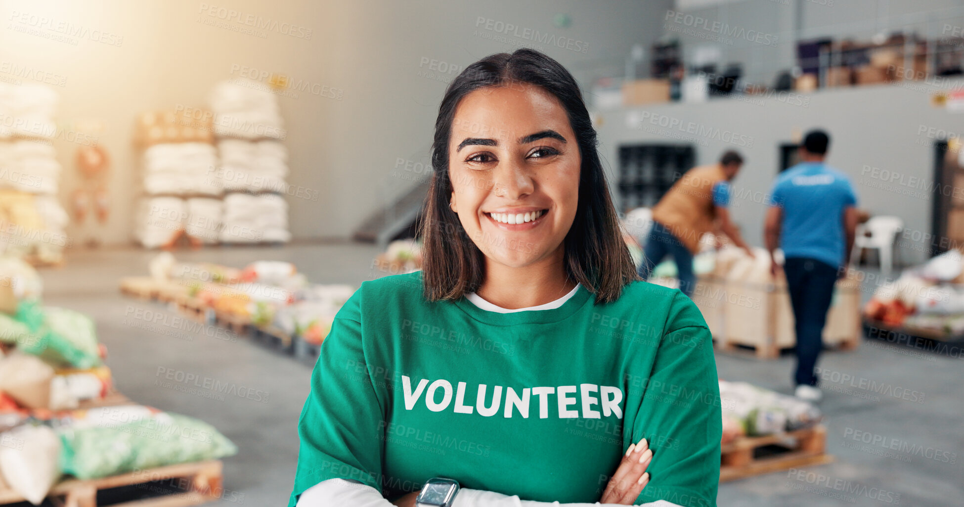 Buy stock photo Happy, woman and portrait of volunteer at food drive for charity, donation or non profit event. Confident, activism and face of female NGO worker at community center for help in society at workshop.