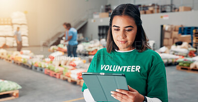 Buy stock photo Online, donation and tablet with woman or volunteer for warehouse, inventory checklist and humanity project. Charity, social responsibility and food bank program with person and tech for ngo