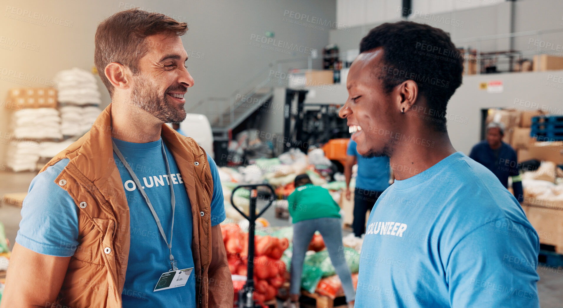 Buy stock photo Smile, men and volunteer with food at warehouse of grocery donation, collaboration and charity aid. Happy, people and teamwork of community outreach, social responsibility and non profit distribution