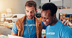 Men, volunteer and reading clipboard at warehouse for donation stock, inventory checklist and charity. People, team and grocery notes with humanitarian aid, ngo welfare and food list for distribution