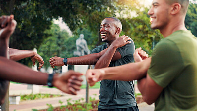Buy stock photo Fitness, stretching and men with smile, group or happy for exercise in morning, laughing or sport. Outdoor, team and people with routine for workout, warm up and healthy in nature, runner or together