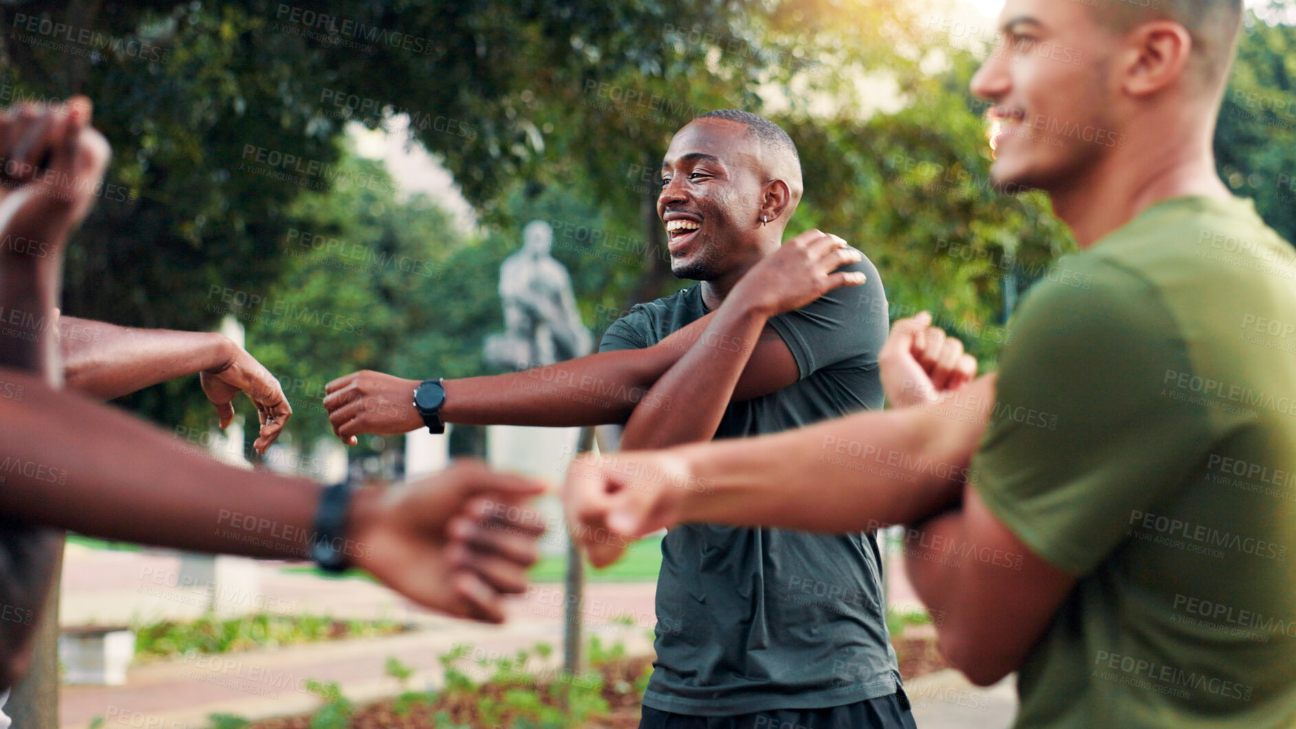 Buy stock photo Fitness, stretching and men with smile, group or happy for exercise in morning, laughing or sport. Outdoor, team and people with routine for workout, warm up and healthy in nature, runner or together