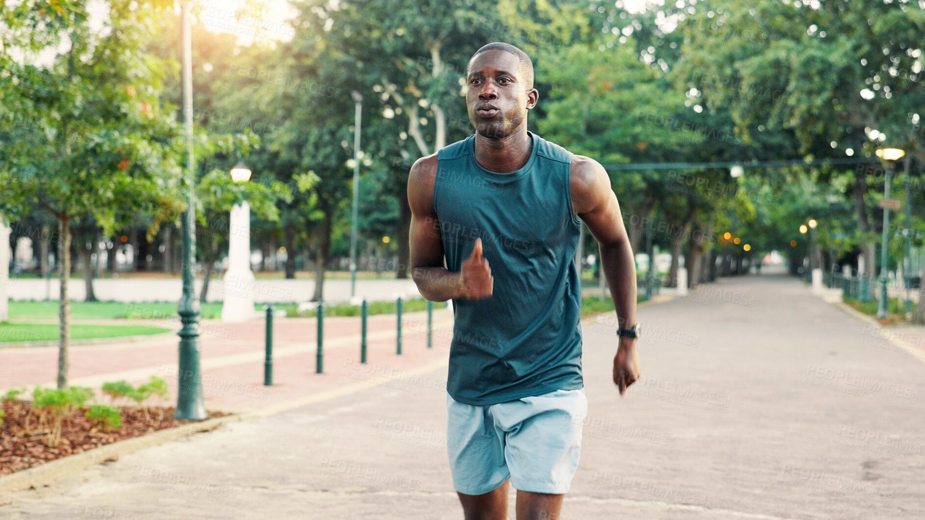 Buy stock photo Running, fitness and black man in park for workout, marathon training and exercise on outdoor path. Sports, athlete and person for performance, endurance and challenge for health, wellness and cardio