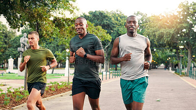 Buy stock photo Running, friends and men in park for workout, marathon training and exercise on outdoor path. Sports, fitness and people for performance, endurance and challenge for health, wellness and cardio