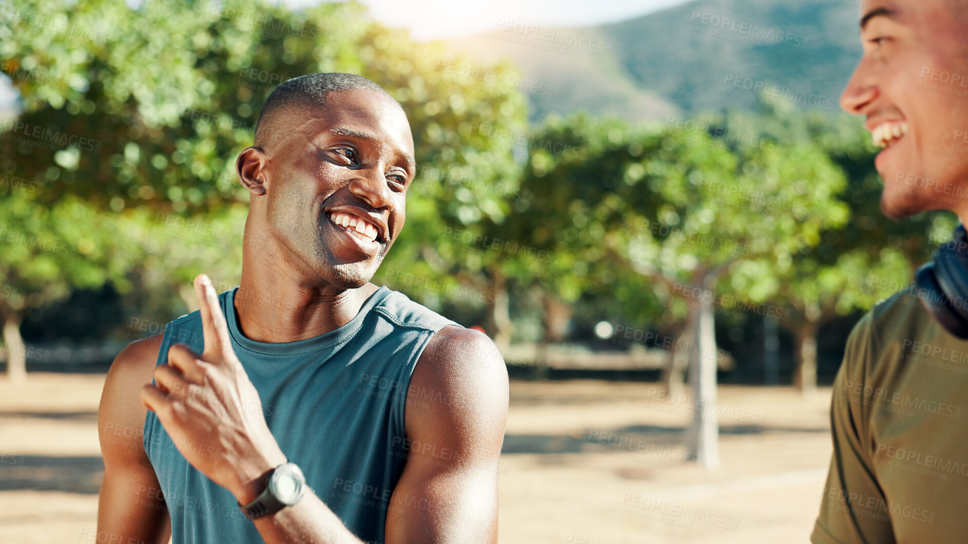 Buy stock photo Fitness, friends and men with routine, outdoor and planning for exercise in morning, happy and sports. Park, team and people with smile for workout, talking and healthy in nature, runner or together