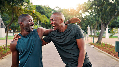 Buy stock photo Fitness, friends and men with laugh, hug or hello outdoor for wellness. Smile, greeting and African athlete together for meeting, team training or embrace for reunion at sports park for exercise