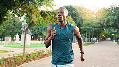 Buy stock photo Running, fitness and black man in park for exercise, marathon training and workout on outdoor path. Sports, athlete and person for performance, endurance and challenge for health, wellness and cardio