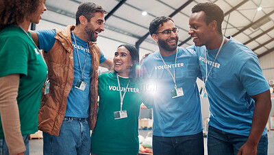 Buy stock photo People, volunteer and huddle with support of charity, team building and trust for community service. Smile, staff and hug for ngo meeting of donation event, social responsibility and group solidarity