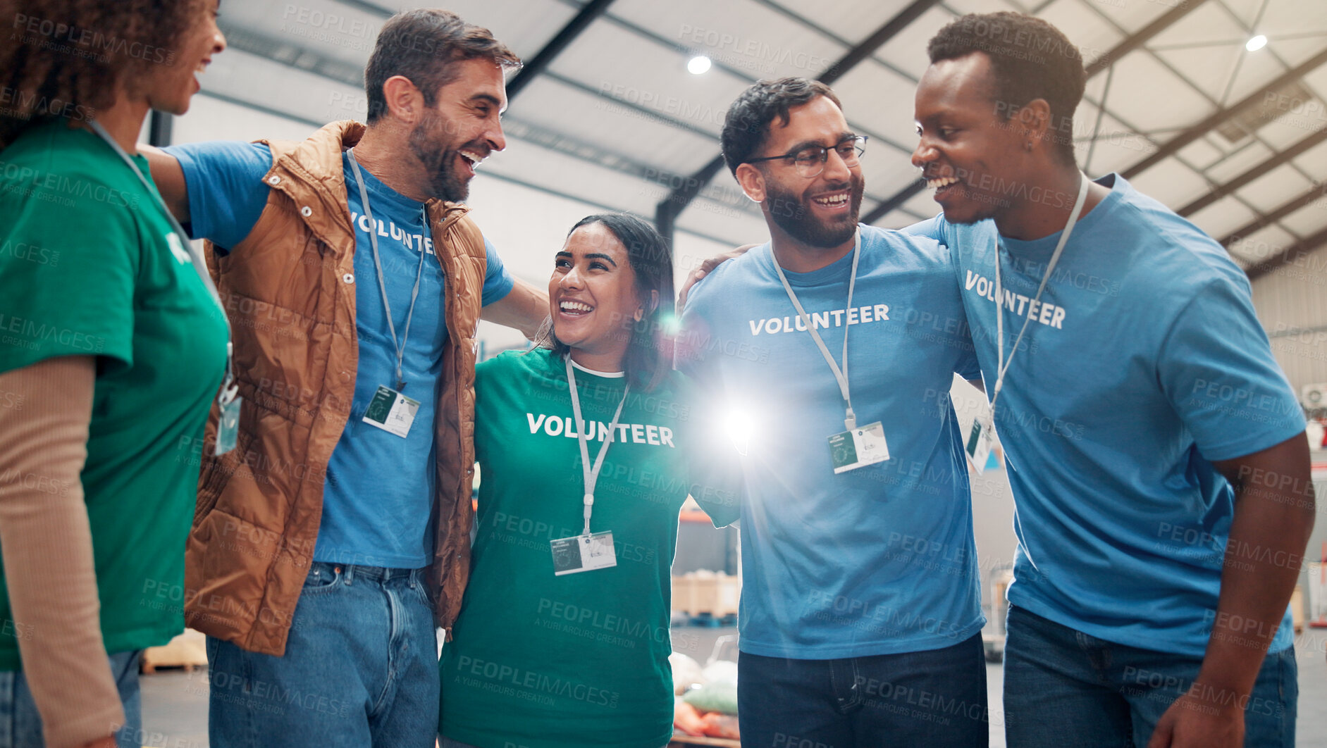 Buy stock photo People, volunteer and huddle with support of charity, team building and trust for community service. Smile, staff and hug for ngo meeting of donation event, social responsibility and group solidarity