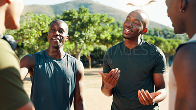 Buy stock photo Fitness, friends and men outdoor in park for wellness, teamwork and personal trainer. Smile, support and runner athlete group together for meeting, team training or reunion for exercise or workout