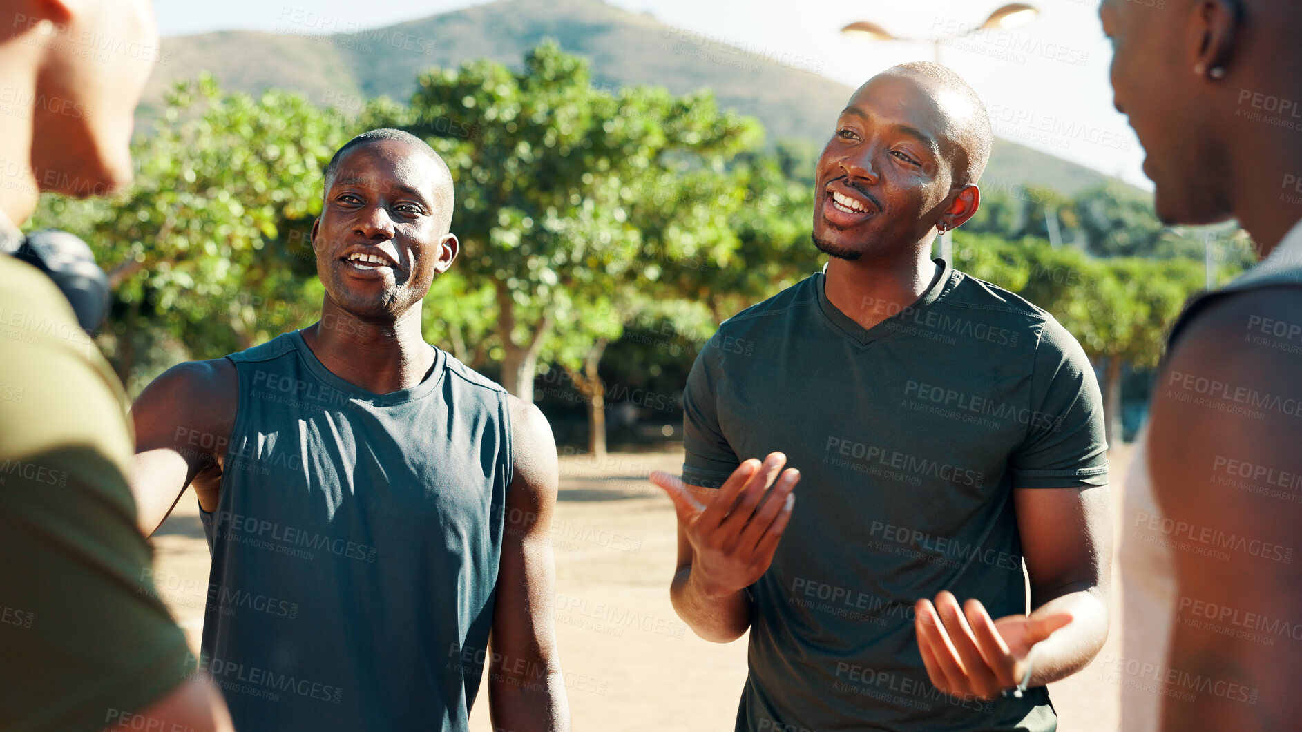 Buy stock photo Fitness, friends and men outdoor in park for wellness, teamwork and personal trainer. Smile, support and runner athlete group together for meeting, team training or reunion for exercise or workout