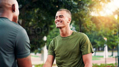 Buy stock photo Fitness, friends and men with smile, handshake and conversation for exercise in morning and athlete. Outdoor, people and greeting personal trainer in nature, park and agreement for routine or workout