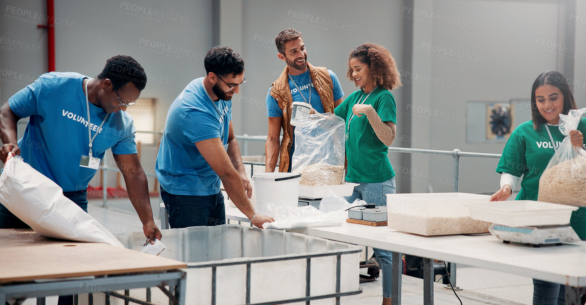 Buy stock photo Volunteer, group and packing food for charity with community service, NGO outreach or donation support. Non profit foundation, people and happy with oats parcel in warehouse for social responsibility