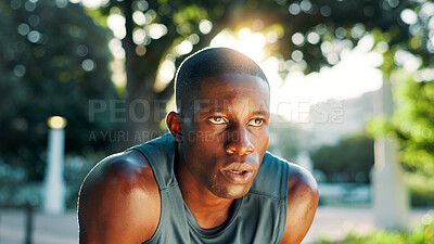 Buy stock photo Sweat, break and black man with fitness in nature for sports, exercise and training for marathon. African athlete, tired and exhausted from workout with breathe, run fatigue and cardio in park