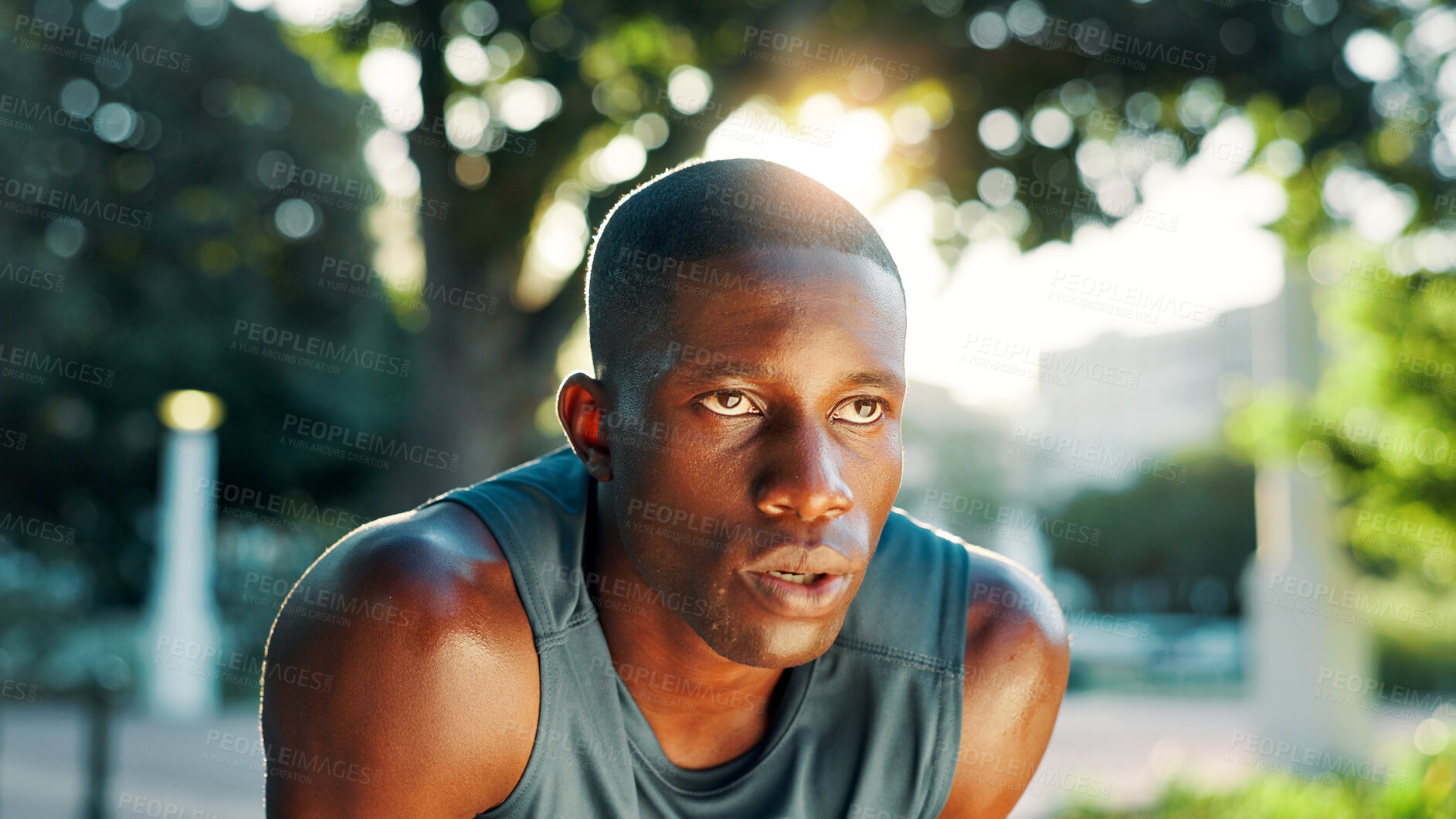 Buy stock photo Sweat, break and black man with fitness in nature for sports, exercise and training for marathon. African athlete, tired and exhausted from workout with breathe, run fatigue and cardio in park