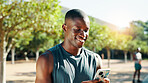 Man, smartphone and runner at park typing for speed stats, challenge and monitor progress in nature. Fitness person, cellphone and mobile app for stopwatch, steps and break for workout in summer