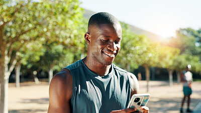 Buy stock photo Man, smartphone and runner at park typing for speed stats, challenge and monitor progress in nature. Fitness person, cellphone and mobile app for stopwatch, steps and break for workout in summer