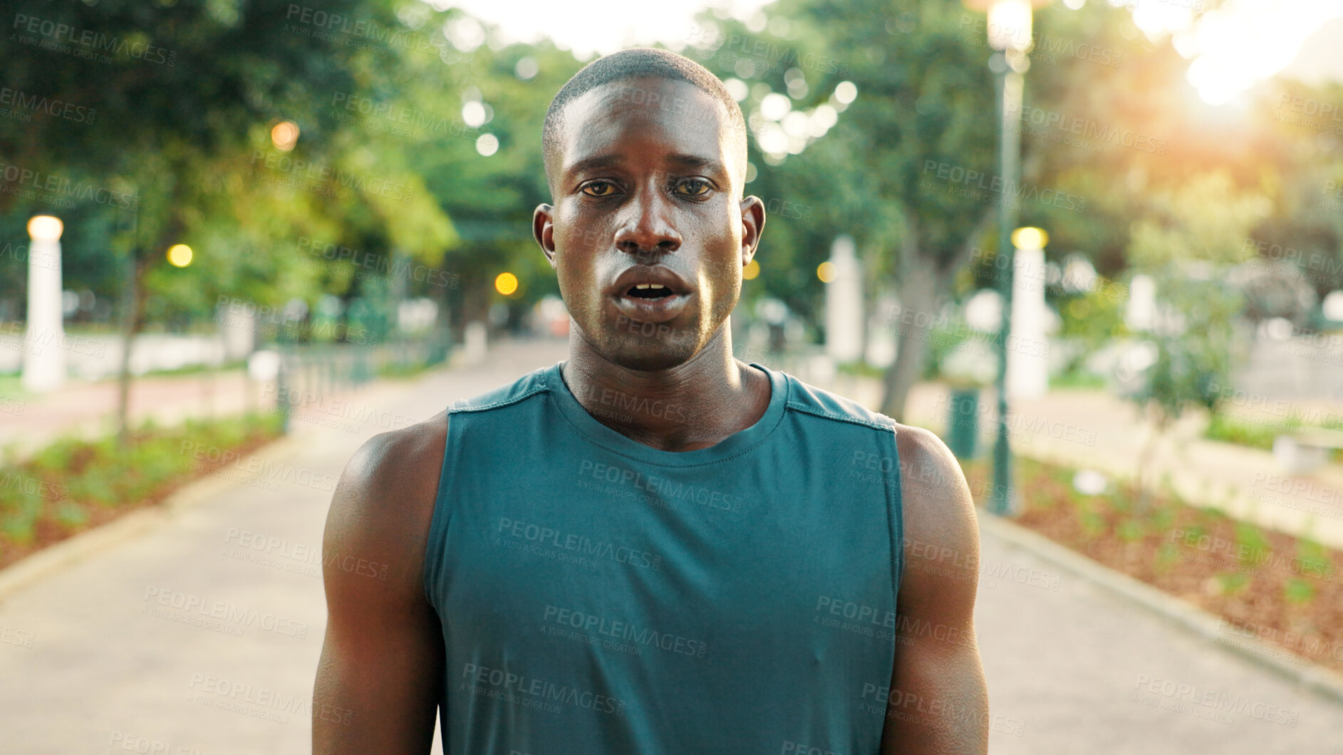 Buy stock photo Fitness, tired and black man with portrait at park for workout recovery, running fatigue and training break. Athlete, serious and breathing in nature for exercise challenge, cardio rest and sweating