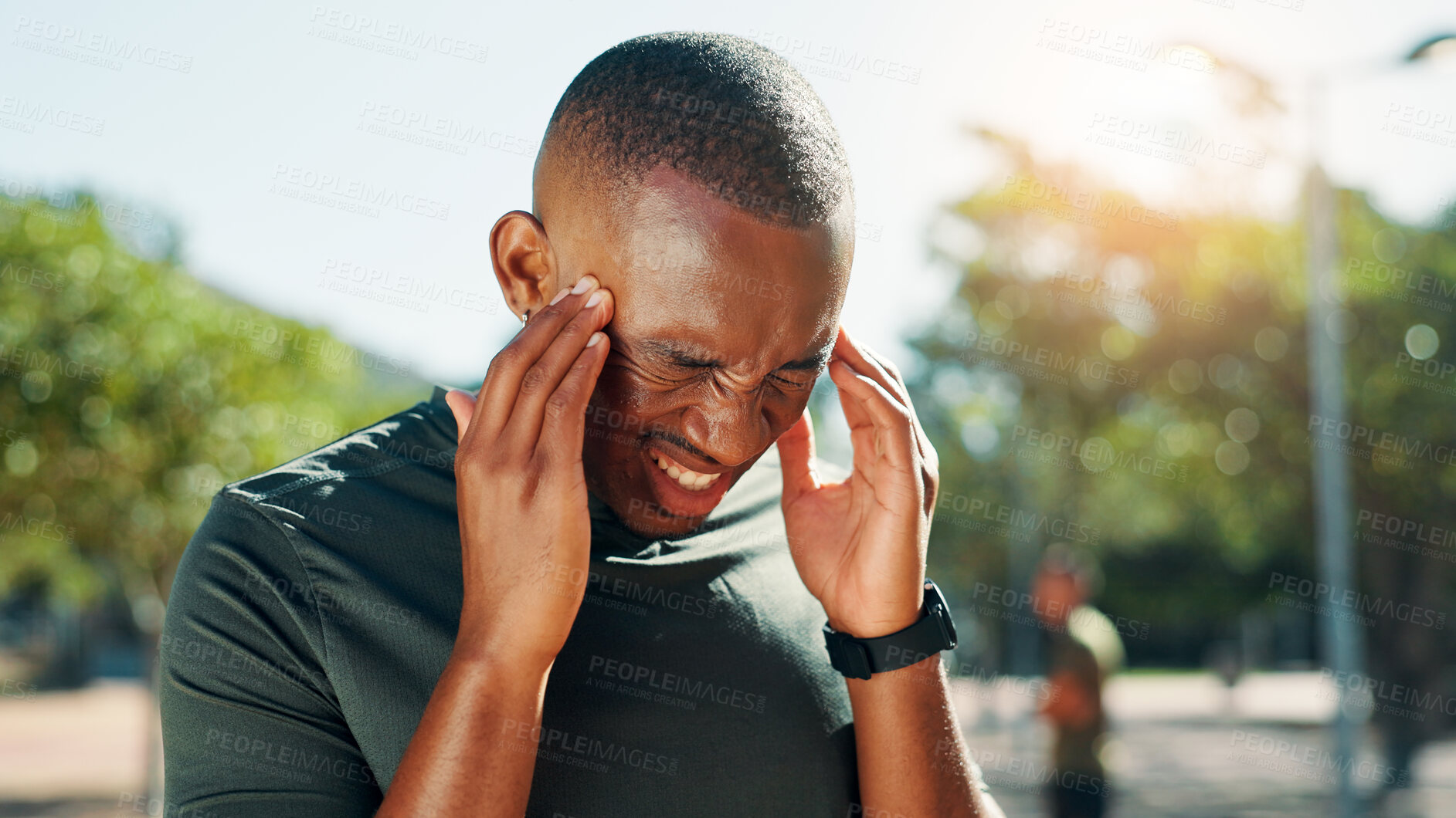 Buy stock photo Fitness, headache and man with pain, stress and African person exhausted with intense training outdoor. Migraine, exercise and sick sports athlete with fatigue, tired or dehydration with heat at park