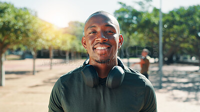 Buy stock photo Outdoor, man and smile in portrait for fitness, running marathon and confidence for exercise break. Nature, male person and athlete with happiness for cardio, wellness and workout progress for runner