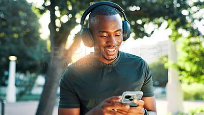 Buy stock photo Nature, black man and fitness with mobile for music, podcast and confidence with audio track. Outdoor, male person and runner with headphones to listen, radio and smartphone with app for exercise