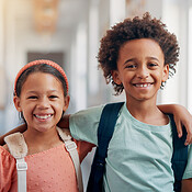 Education, hug and portrait with friends in school together for bonding ...