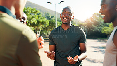 Buy stock photo Fitness, talking and men with routine, outdoor and planning for exercise in morning, happy and sports. Park, team and people with smile for workout, friends and healthy in nature, runner or together