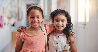 Buy stock photo Hug, portrait and smile with friends in school together for bonding, child development or future. Education, happy and learning with girl kids embracing in hallway of academy as scholarship students