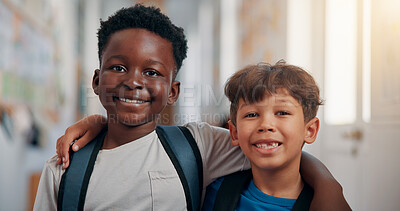Buy stock photo Friends, hug and portrait with students in school together for bonding, child development or future. Education, learning and smile of kids embracing in hallway of academy for scholarship or study