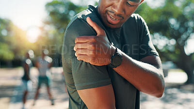 Buy stock photo Fitness, hand and man with shoulder pain, injury or exercise accident from workout outdoor. African person, hurt and athlete with muscle inflammation, fibromyalgia and problem with health emergency