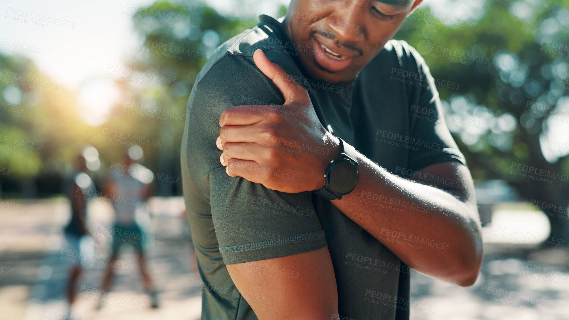 Buy stock photo Fitness, hand and man with shoulder pain, injury or exercise accident from workout outdoor. African person, hurt and athlete with muscle inflammation, fibromyalgia and problem with health emergency