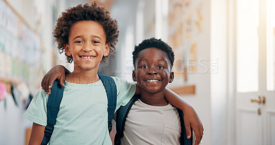 Buy stock photo Friends, hug and portrait with boys in school together for bonding, child development or future. Education, learning and smile of student kids embracing in hallway of academy for scholarship or study