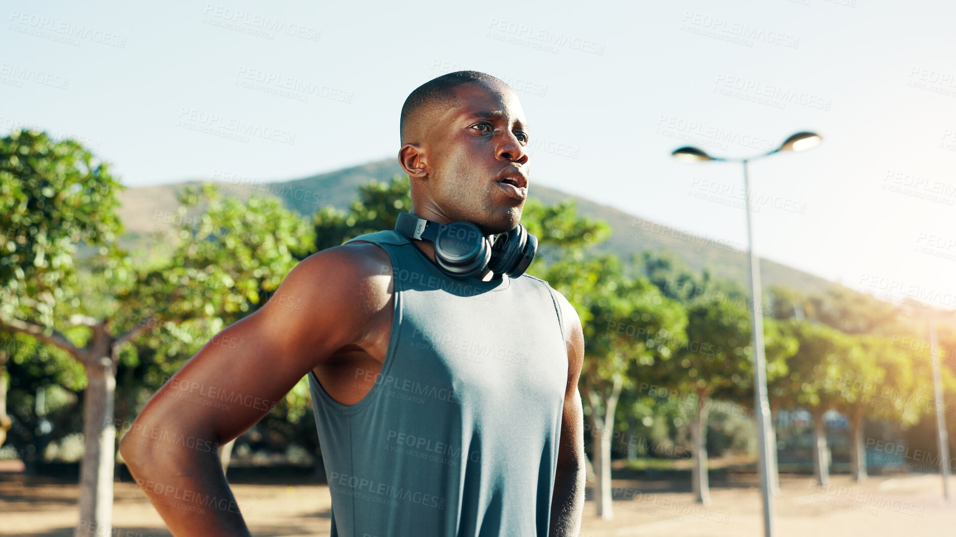 Buy stock photo Outdoor, black man and rest with thinking for fitness, cardio challenge and exhausted after running. Nature, male person and runner with thoughts on break, tired and wellness with health for exercise