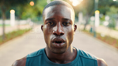 Buy stock photo Fitness, tired and black man with break at park for workout performance, running fatigue and marathon recovery. Athlete, portrait and breathing in nature for exercise challenge, resting and sweating